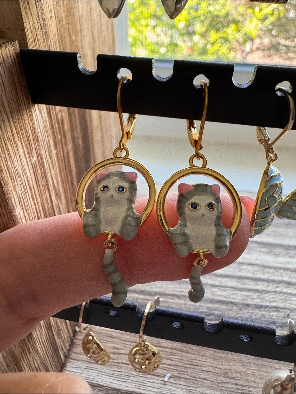 Gold Hoop Cat Dangle Earrings — Gray Cat Design